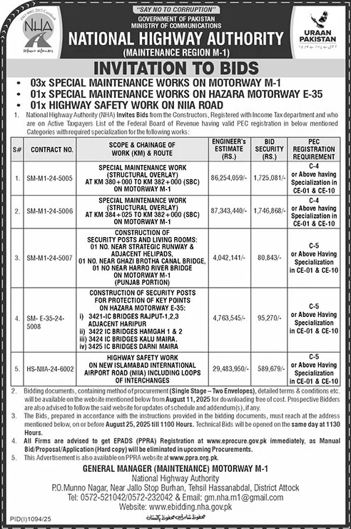 National Highway Authority Attock Tender Notice